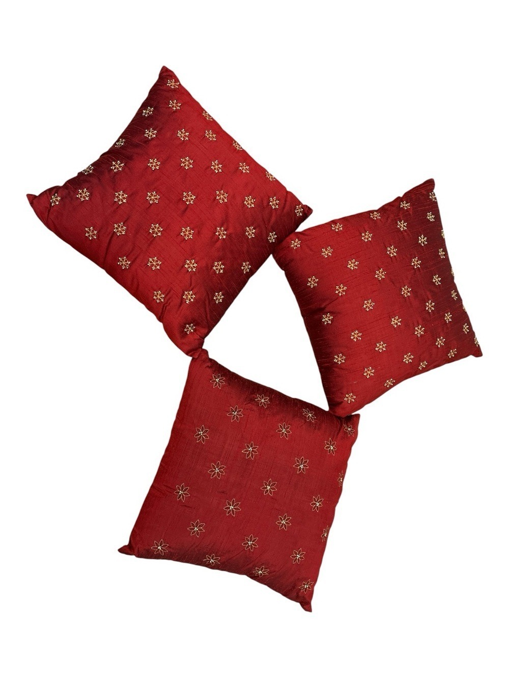3 SILK LIKE DECADENT DEEP RED HOLIDAY PILLOWS W GOLD TONE & BEADING SNOWFLAKES
